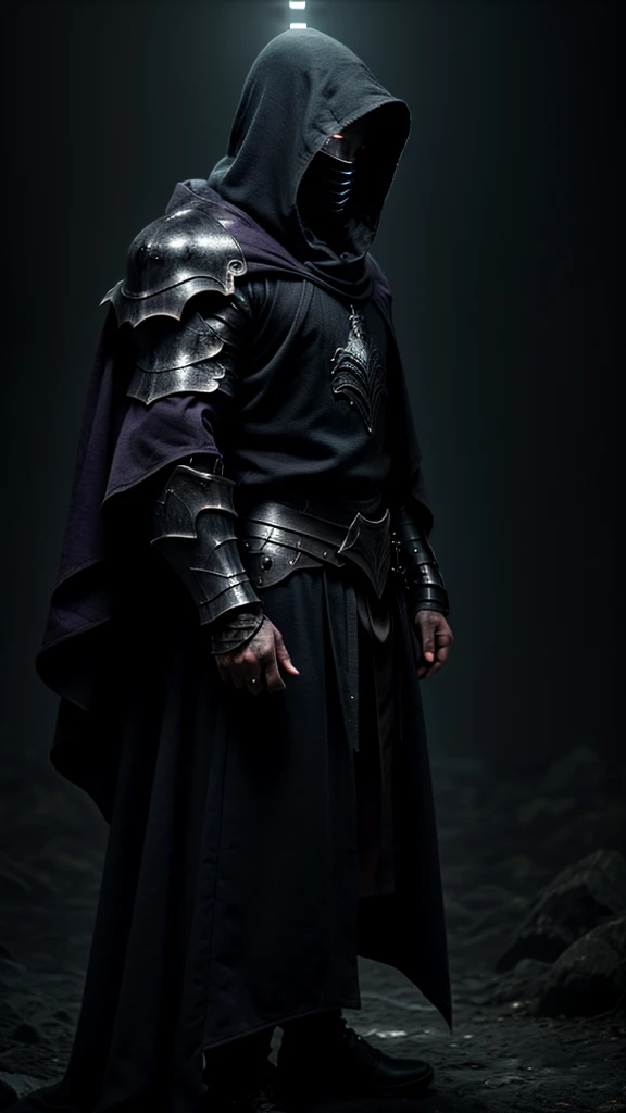 a knight , (purple long cloak) ,(black armour), cinematic lighting, full body, long cloak, hooded assassin, black wings, ambient lighting, (best quality,4k,8k,highres,masterpiece:1.2),ultra-detailed,(realistic,photorealistic,photo-realistic:1.37),(blue eyes),dramatic composition,intricate details,moody atmosphere,chiaroscuro lighting,dynamic pose,powerful presence, face visible