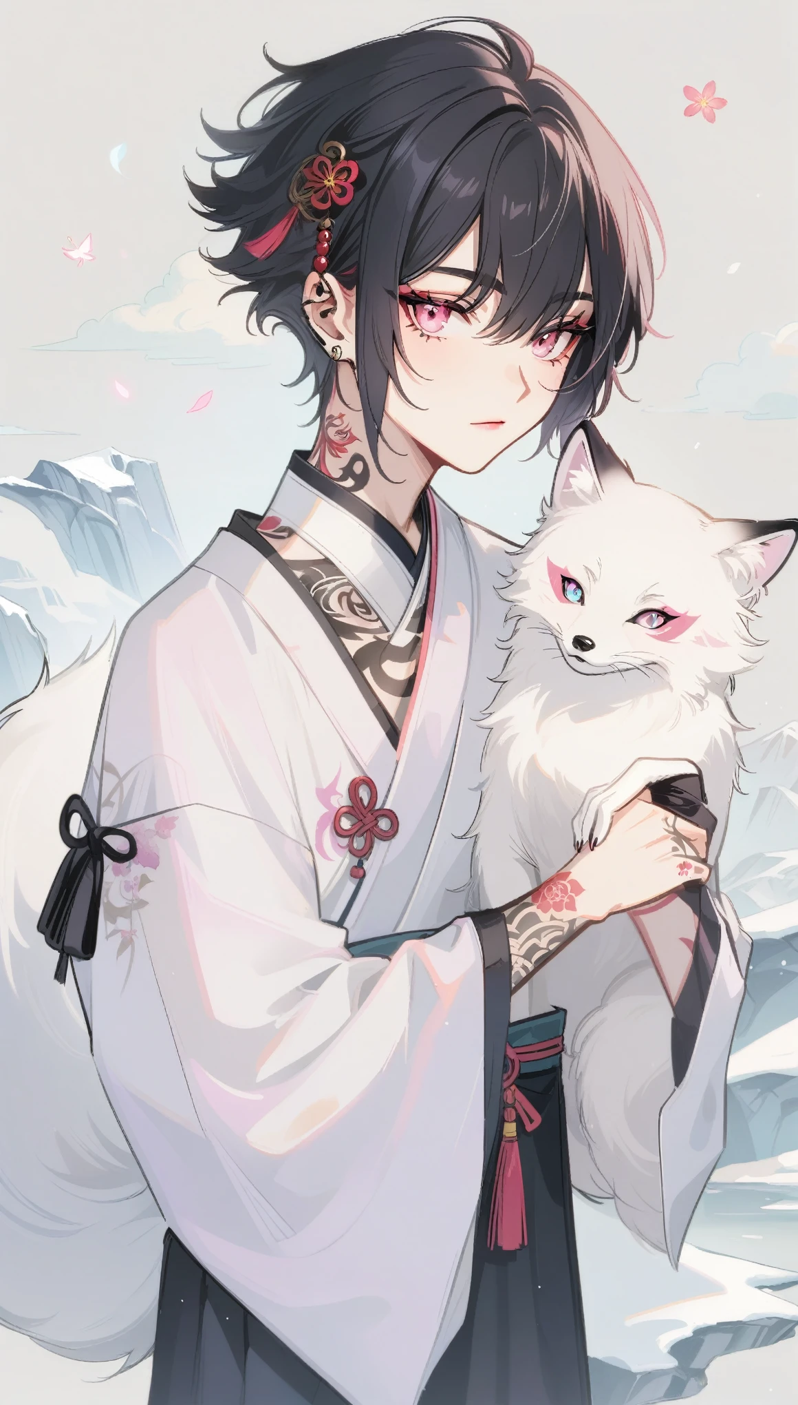arctic fox, Pink Eyes, Tattoo, 子宫Tattoo, short hair, Black Hair, Men's sweater, Sissy, Bisexual men, hairy, of the night city, Glowing eyes, no feeling, Long Tail, collar, masterpiece, puppet, Batwing, Shy, White headphones, Fox Tail, Top quality, nuclear, slime nuclear, White body, Name: Snow, Fox Tail, Black tail, Fox, 2 boys(Snow Fox), boy, Open coat,