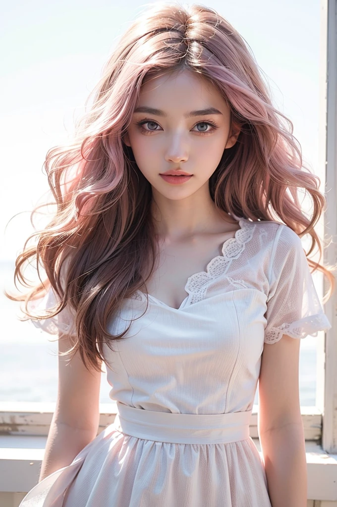Light pink hair, Pink Eyes, Pink and white, Vibrant colors, White Dress, Paint splashes, Simple Background, Ray Tracing, Wavy Hair