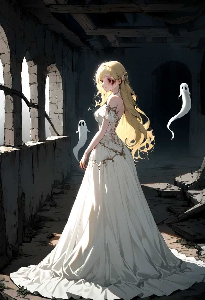 the ghost of a blonde princess, 20 years old, wearing a white dress.  her beauty is combined with the horror of the wounds on her face and body.  he was standing in an abandoned castle.  terrible atmosphere.