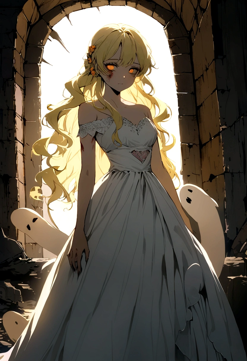 the ghost of a blonde princess, 20 years old, wearing a white dress.  her beauty is combined with the horror of the wounds on her face and body.  he was standing in an abandoned castle.  terrible atmosphere.