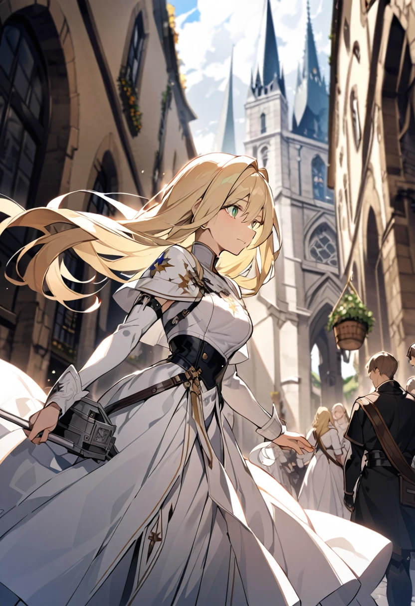 Long blond hair，Green eyes，White Dress，Europe，Order，Saint
