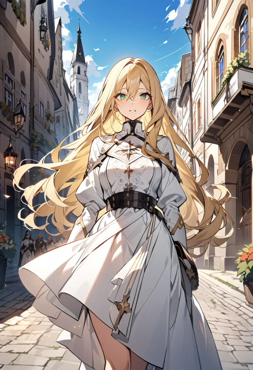 Long blond hair，Green eyes，White Dress，Europe，Order，Saint