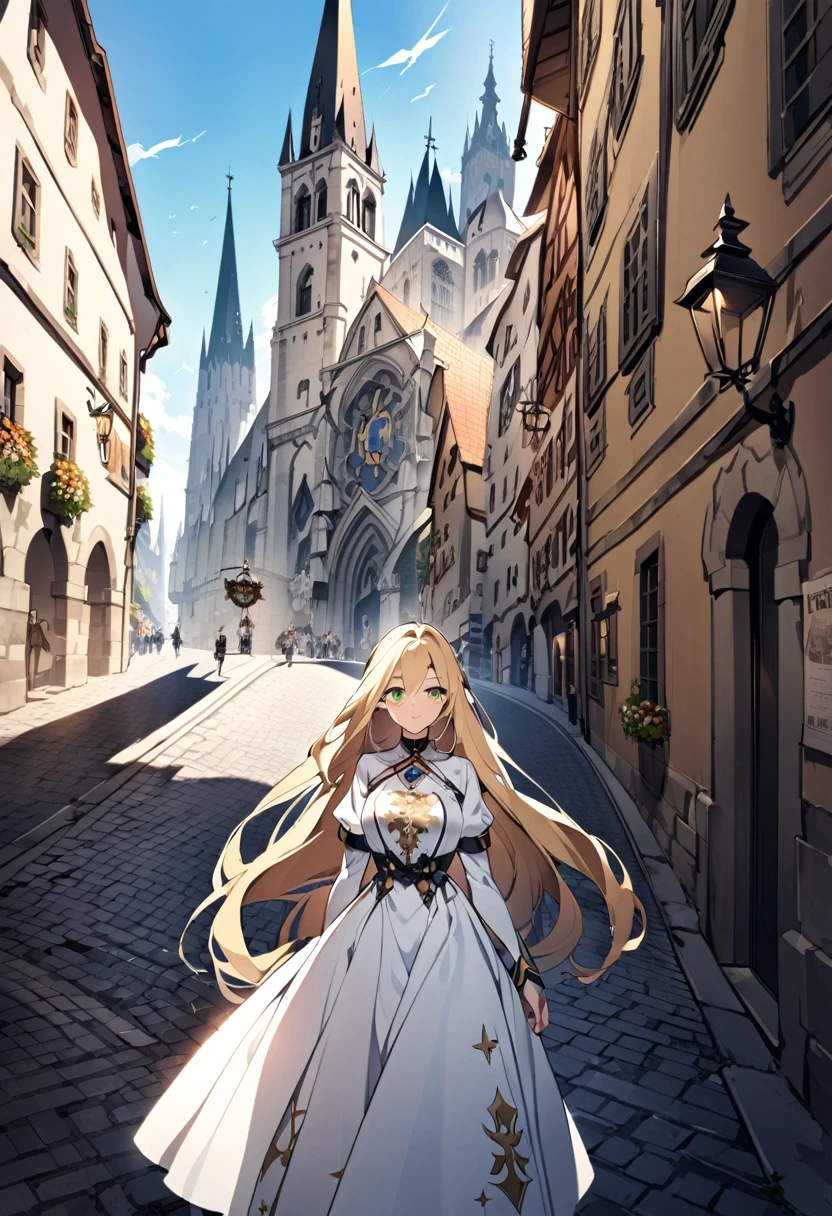 Long blond hair,Green eyes,White Dress,Europe,Order,Saint
