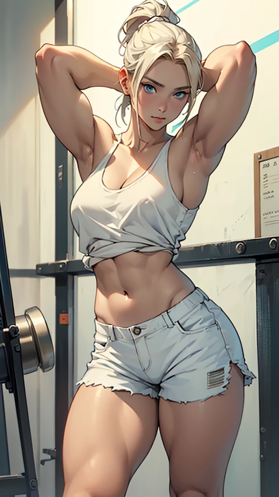 hand drawn art, Conceptual Art, Detailed sketch, Sketches, Manga art style, A young woman with French features, White tank top, White shorts, Long, thick, dark golden hair styled in a ponytail, blue eyes, Lean, strong, toned muscles, Standing in a lewd, sensual pose with arms behind her head、Short torso、A triumphant look、(((着古したボロボロのWhite shorts))),、(((White shortsを穴だらけにする))),、See-through、(((White shortsのチャックを開く))),、(((Clear white skin))),、Natural light、Photorealistic perfect body, Perfect body with realistic shadows, Perfect face with realistic shadows、Highest quality、masterpiece、Edgy Lines、Ultra-high resolution、Physical Beauty、Wide Hips、Big Ass、((Thick and strong muscular thighs))、（(Stand with your legs spread wide)）Realistic and large breasts、(The depth of the written boundary, f/1.2:1.45),Great quality, Beautiful details, Very detailed, Ultra-fine, 16K, Exquisite, Absurd,((masterpiece)),(((Highest quality))),Big Breasts、(((White shortsだけもっとボロボロにする))),、(((White shortsだけボロ布のように破く)))、(((Thin and long arms))),Anatomically correct、、