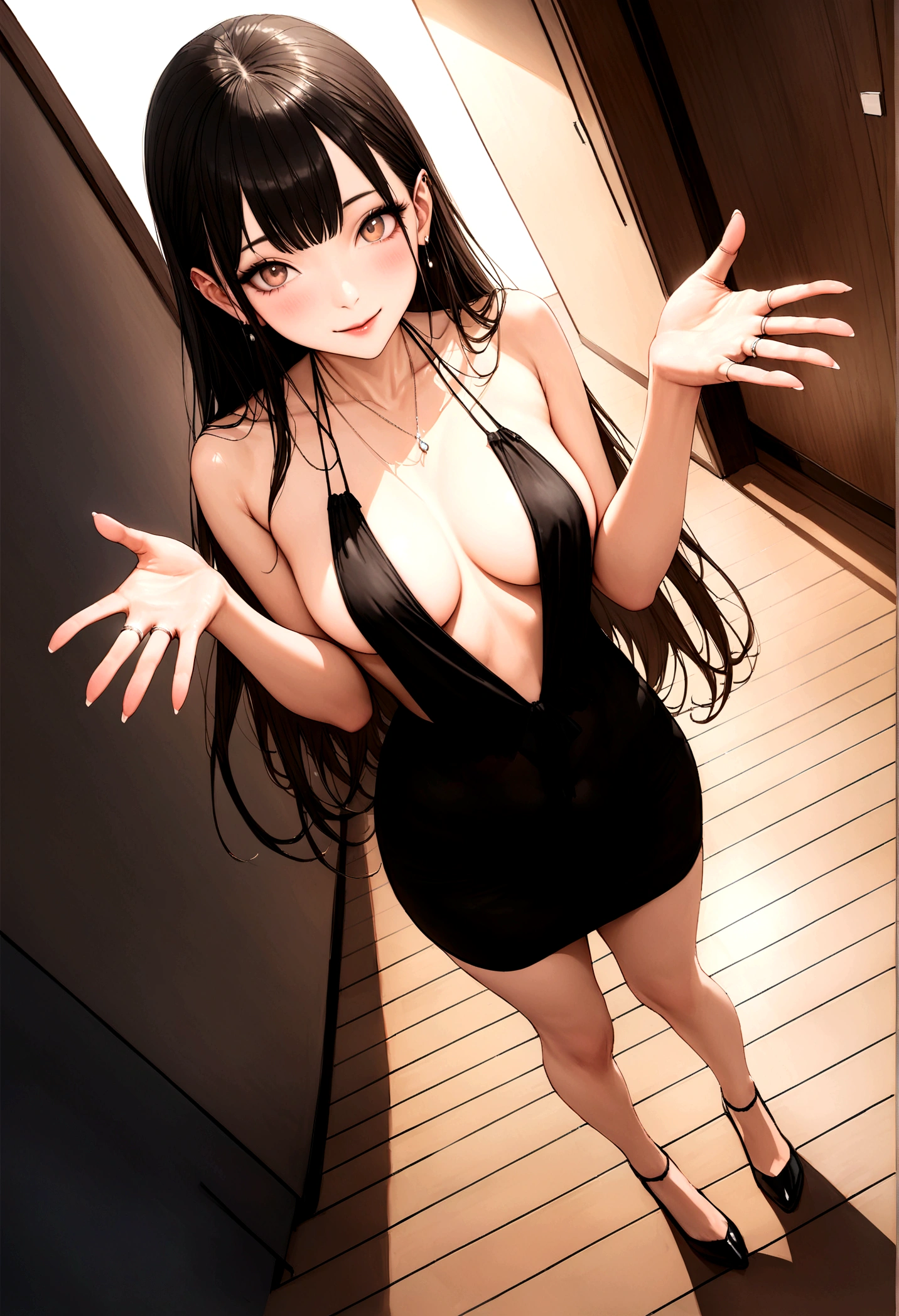 (((A real beauty))), RAW Photos, Black Hair、folder、Round eyes、False eyelashes、Straight Hair, correct、Pink lipstick、Striped Hair、Brown Hair、Blue Hair、(Gradient Hair)、Asymmetrical Hair、Hair behind the ear、Crossed bangs、Long Hair、((お尻までLong Hair))、Long Hair、Straight bangs、Smooth, silky hair、Hair up on one side、とんでもなくLong Hair、Light brown eyes、Ring Eye、Round eyes、Wicked Smile、A light smile、Cast a Shadow、(Extraordinary presence)、Atmospheric perspective、Backlight、Exposure、Lens flare、、最high quality、超High resolution、超High resolution、Very realistic, masterpiece、correct、Textured skin、high quality、最high quality、Awards、32k, 髪のfolder、Cunning、A light smile、Shy laugh、Redness in the ears、correct、Subjective、Shine、360° View、Very detailed、超High resolution、解剖学的にcorrect、masterpiece、Emphasize the chest、High resolution、High detail、Long eyelashes、A slight blush、Compensate, (((Full Body Shot)))、(Shot from above)、Arms raised pose、Shooting from a distance、Various angles of view、