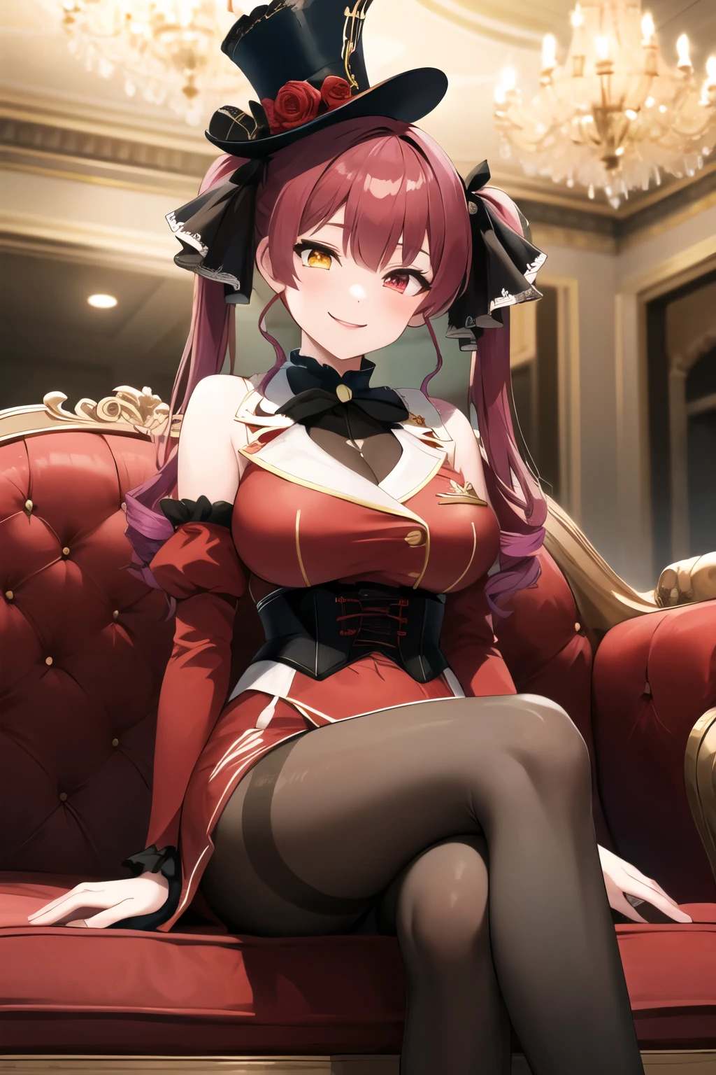 masterpiece, Highest quality, High resolution, dd Marine, Twin tails, Drill Hair, Top Hat, Hat Flower, Heterochromia iridis, Black bow tie, Underbust, Bare shoulders, Frills, Black Ribbon, Red dress, Removable sleeves, Red Sleeves, Long sleeve, corset, Black gloves, pantyhose, Sitting, sofa, indoor, chandelier, Crossing your legs, smile,