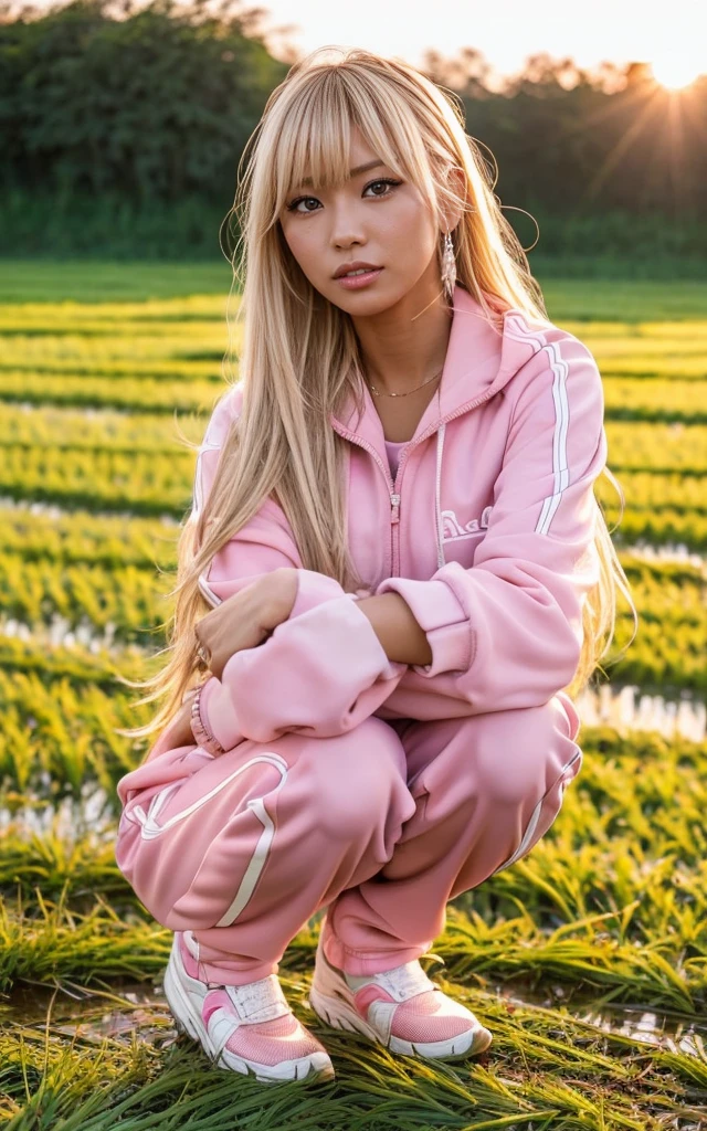 gyaru, dark-skinned, shiny oiled skin, blond hair, wearing pink tracksuits, squatting in the rice field, at sunrise