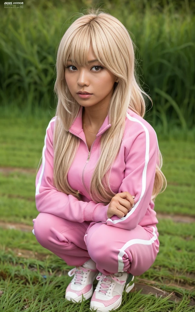 gyaru, dark-skinned, shiny oiled skin, blond hair, wearing pink tracksuits, squatting in the rice field, at sunrise