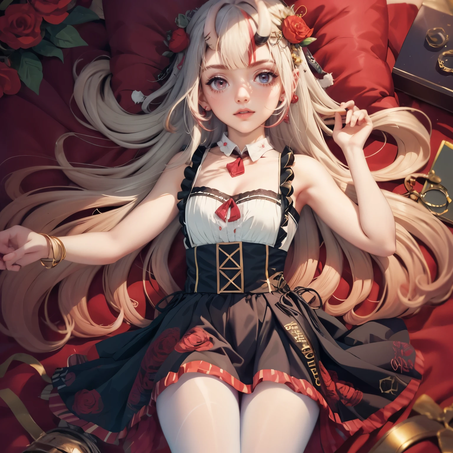 1girl, long hair, long flowing hair, floating hair, ornament hair, perfectly body, perfectly hands, rose on hair, magenta rose on hair, 1 girl, Looking at the viewer, on the bed, flowing hair, Beautiful Eyes, Plump and glossy lips, maid maid dress, maid headdress, maid apron, white maid apron, white maid headdress, dress with too many frills, white dress, magenta laces, white Short skirt, small skirt, skirt with layers, Drape clothes, magenta gem, Lace trim, kitchen scenery, luxury gold details, gold jewelry, maid, maid dress, more details, best quality, Big sparkling eyes, blushing, Striped Lace Stockings, white Lolita skirt, sparkle, solo, centered girl, firefly, cowboy shot, perfectly body, perfectly hands, two arms, two legs, two hands, five fingers, perfect anatomy, glowing hair, magenta roses, on the bedroom, laying down on the bed, more details on her clothes, dress with transparency, golden details on her dress, bedroom , close legs, ((4k, masterpiece, top-quality)), 8k, best quality, high resolution, UHD, (illustration:0.8), super cute girl, delicate and beautiful face, mature girl, super cute hairstyle, (beautiful detailed eyes:1.6), extremely detailed face, perfect lighting, extremely detailed CG, (perfect hands, perfect anatomy), Best quality, cleavage