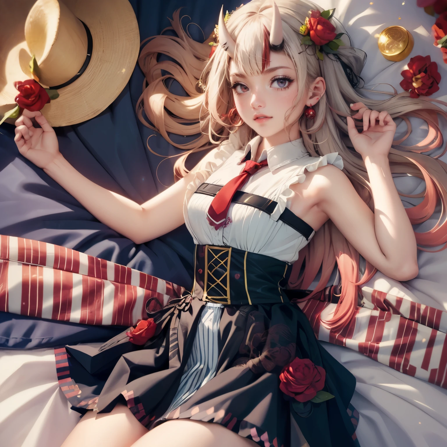 1girl, long hair, long flowing hair, floating hair, ornament hair, perfectly body, perfectly hands, rose on hair, magenta rose on hair, 1 girl, Looking at the viewer, on the bed, flowing hair, Beautiful Eyes, Plump and glossy lips, maid maid dress, maid headdress, maid apron, white maid apron, white maid headdress, dress with too many frills, white dress, magenta laces, white Short skirt, small skirt, skirt with layers, Drape clothes, magenta gem, Lace trim, kitchen scenery, luxury gold details, gold jewelry, maid, maid dress, more details, best quality, Big sparkling eyes, blushing, Striped Lace Stockings, white Lolita skirt, sparkle, solo, centered girl, firefly, cowboy shot, perfectly body, perfectly hands, two arms, two legs, two hands, five fingers, perfect anatomy, glowing hair, magenta roses, on the bedroom, laying down on the bed, more details on her clothes, dress with transparency, golden details on her dress, bedroom , close legs, ((4k, masterpiece, top-quality)), 8k, best quality, high resolution, UHD, (illustration:0.8), super cute girl, delicate and beautiful face, mature girl, super cute hairstyle, (beautiful detailed eyes:1.6), extremely detailed face, perfect lighting, extremely detailed CG, (perfect hands, perfect anatomy), Best quality, cleavage