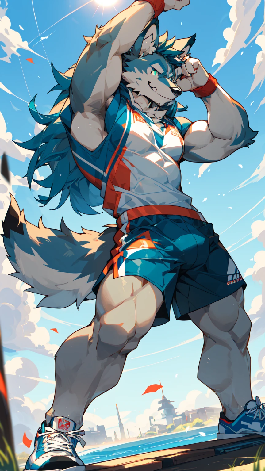 Sunlight,high resolution,4K,love,(((whole body))),masterpiece,high quality,Brave and bold,((Wolf)),male,((Strike a pose:1.5)),WolfFurry,(Middle-aged uncle),hairy,((charming,Smiling Face,Long hair)),((peaceful,Ease)),((Strong,tall and big:1.3,thin long ears:1.2,Well-proportioned limbs:1.3,Wolf尾巴:1.3,Meat pad)),(((Red and black sports shorts,Blue sneakers))),(((Green ears,Dark blue head,dark blue back,Dark blue limbs,White breast,White belly,Blue pupils))),charming脸庞,AttentiontoDetail,Detailed body,Detailed hands