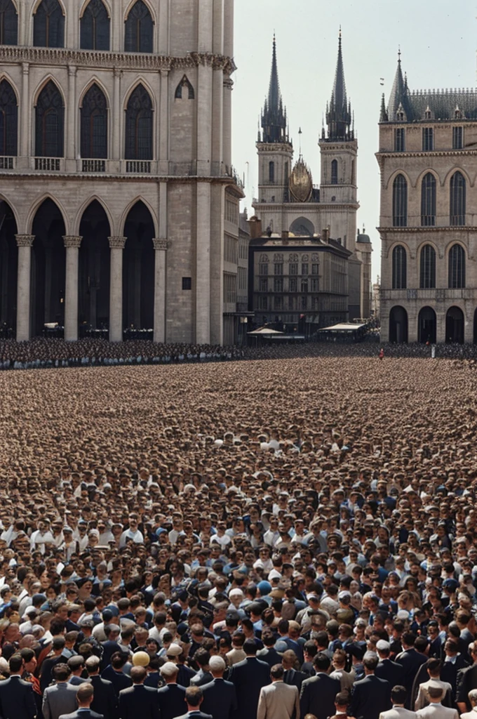 Historical photo of the neck of the minister in front of the king by the knight in the presence of many people in the city square from a far angle