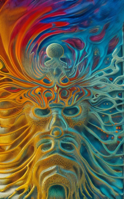 an intricate cloud system is shaping the figure of the spirit of the aethyr himself, he is a wanderer walking with his luggage, male, scintillating intelligence,dominant pale yellow, sky blue, blue emerald green and emerald flecked gold color tonality, fractal, brilliant colours, masterpiece, highly detailed, 4k resolution, 3d modelling, digital art