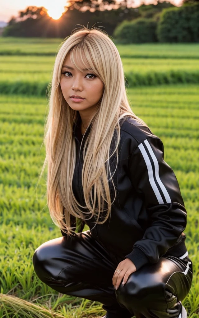 gyaru, dark-skinned, shiny oiled skin, blond hair, wearing black tracksuits, squatting in the rice field, at sunrise