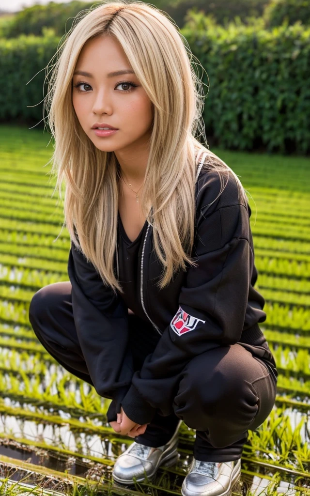 gyaru, dark-skinned, shiny oiled skin, blond hair, wearing black tracksuits, squatting in the rice field, at sunrise