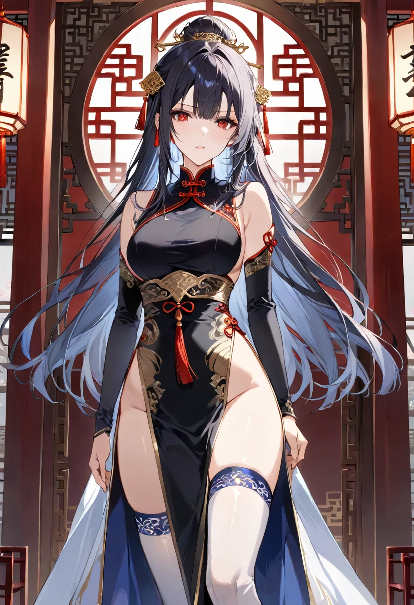 masterpiece, best quality, ultra detailed, detailed eyes, A highly detailed and beautifully illustrated anime-style character with long, flowing black hair that has blue highlights towards the ends. She has striking red eyes and a serious expression. She wears an elegant black and white outfit that resembles a combination of traditional Chinese and modern fashion elements. The outfit features a high collar, intricate gold embroidery, and a large gold belt with tassels. Her dress has a high slit, revealing her thigh-high white stockings. She also wears a black arm sleeve with a gold design on her left arm. The background shows a softly lit interior with traditional architectural elements and a sign with Chinese characters.