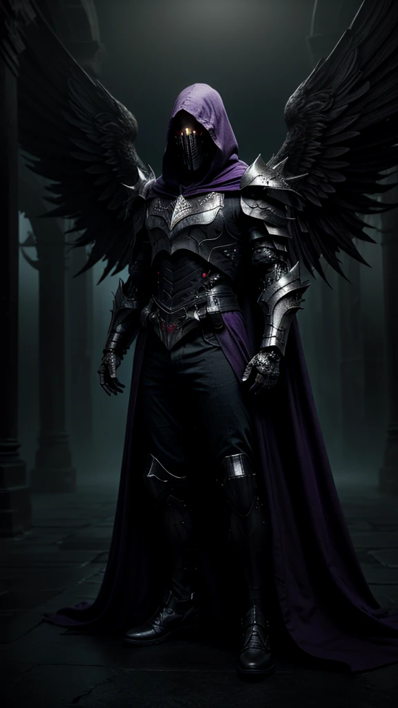a cyborg, (purple long cloak) ,(black armour), cinematic lighting, full body, long cloak, black wings, ambient lighting, (best quality,4k,8k,highres,masterpiece:1.2),ultra-detailed,(realistic,photorealistic,photo-realistic:1.37),(blue eyes),dramatic composition,intricate details,moody atmosphere,chiaroscuro lighting,dynamic pose,powerful presence, face visible, fearsome