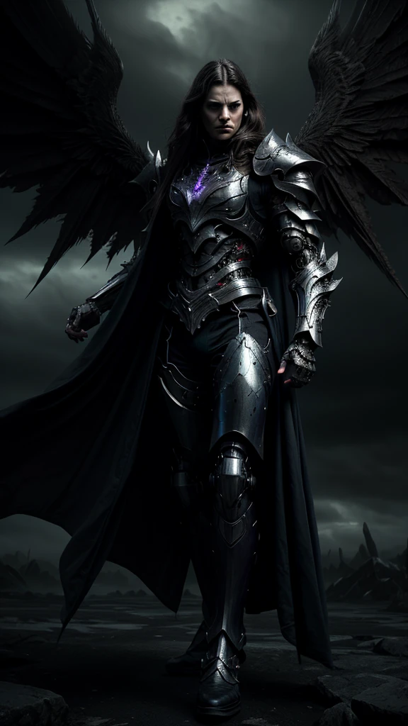 a cyborg, (purple long cloak) ,(black armour), cinematic lighting, full body, long cloak, black wings, ambient lighting, (best quality,4k,8k,highres,masterpiece:1.2),ultra-detailed,(realistic,photorealistic,photo-realistic:1.37),(blue eyes),dramatic composition,intricate details,moody atmosphere,chiaroscuro lighting,dynamic pose,powerful presence, face visible, fearsome