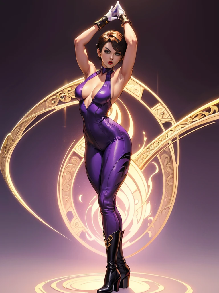 ((best quality)), ((4k)), ((highres)), ((masterpiece:1.2)). ((detailed)), ((ultra realistic)), ((intricate details)), ((full body picture)), ((character design sheet)), ((blank background)), ((standing in a blank background)), a full body shot of a beautiful european female, polish woman, polish beauty, ((emphasis on her fair skin complexion)), ((brown hair)), pixie haircut, ((PIXIE HAIRCUT)), ((VERY SHORT HAIR)), perfect face, gorgeous face, ((vivid hazel eyes)) detailed eyes, detailed lips, ((red lips)), about 5'10 tall, ((TALL WOMAN)), about 25 years old, medium-sized breasts, c cup breasts, athletic body, muscular arms, muscular and feminine, she's dressed in a sleeveless purple jumpsuit with high neck, ((PURPLE JUMPSUIT)), ((high neck)), ((no cleavage)), BLACK boots and white gold gloves, ((BLACK boots)), ((white gold gloves)), GOLD ADORNMENTS, posing with her arms above her head, ((arms above head)), stretching pose, fighting game character concept art, tekken character design, the king of fighters character concept