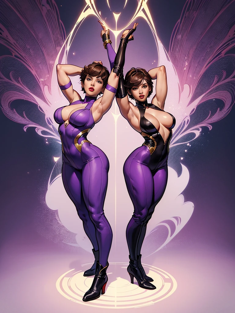 ((best quality)), ((4k)), ((highres)), ((masterpiece:1.2)). ((detailed)), ((ultra realistic)), ((intricate details)), ((full body picture)), ((character design sheet)), ((blank background)), ((standing in a blank background)), a full body shot of a beautiful european female, polish woman, polish beauty, ((emphasis on her fair skin complexion)), ((brown hair)), pixie haircut, ((PIXIE HAIRCUT)), ((VERY SHORT HAIR)), perfect face, gorgeous face, ((vivid hazel eyes)) detailed eyes, detailed lips, ((red lips)), about 5'10 tall, ((TALL WOMAN)), about 25 years old, medium-sized breasts, c cup breasts, athletic body, muscular arms, muscular and feminine, she's dressed in a sleeveless purple jumpsuit with high neck, ((PURPLE JUMPSUIT)), ((high neck)), no cleavage, ((no cleavage)), BLACK boots and white gold gloves, ((BLACK boots)), ((white gold gloves)), GOLD ADORNMENTS, posing with her arms above her head, ((arms above head)), stretching pose, ((stretching pose)) fighting game character concept art, tekken character design, the king of fighters character concept