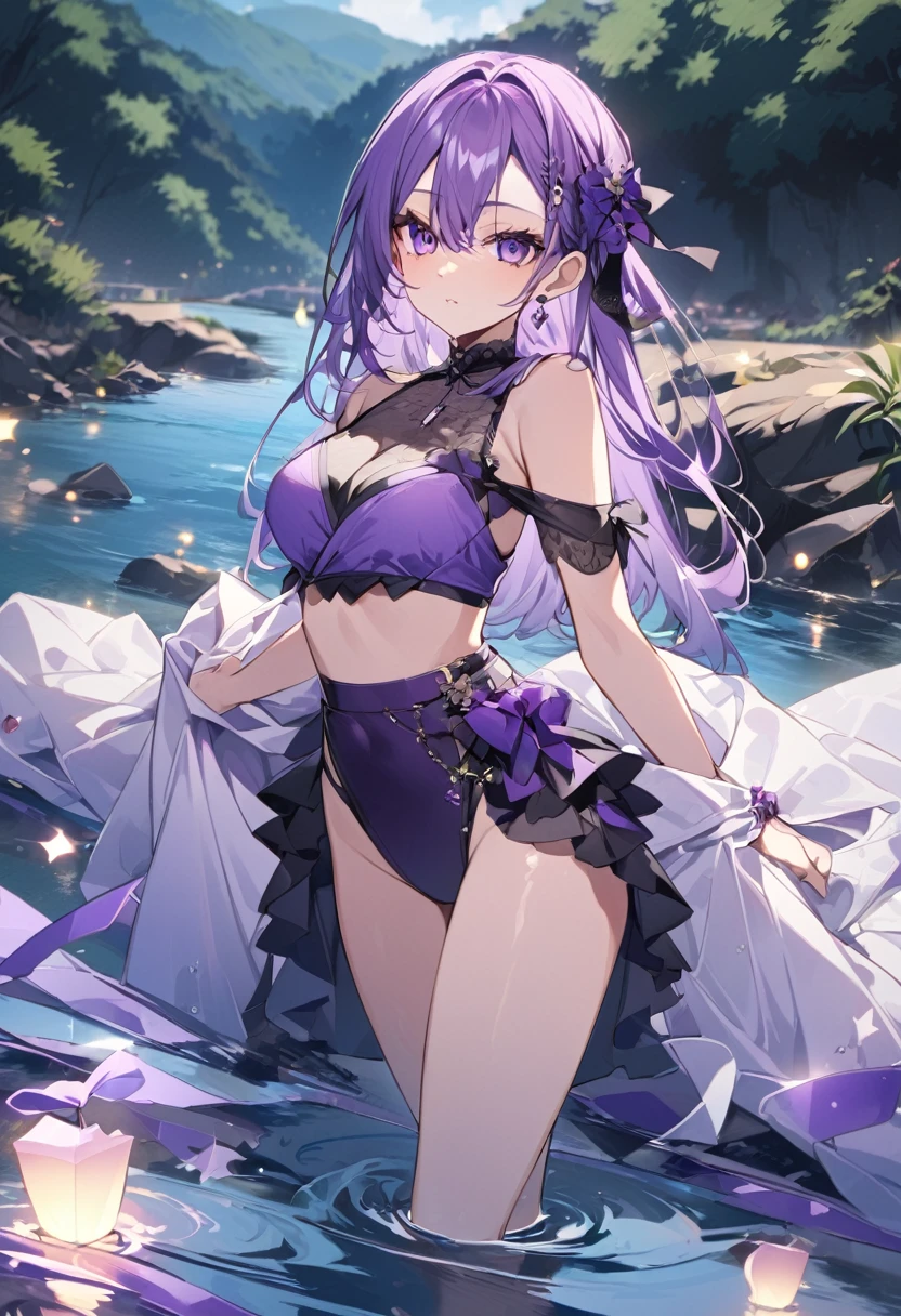 Keito。Purple Eyes。Purple Hair。Purple Swimsuit。river。