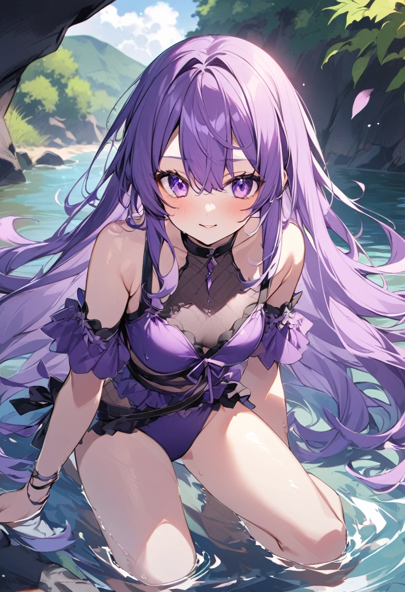 Keito。Purple Eyes。Purple Hair。Purple Swimsuit。river。