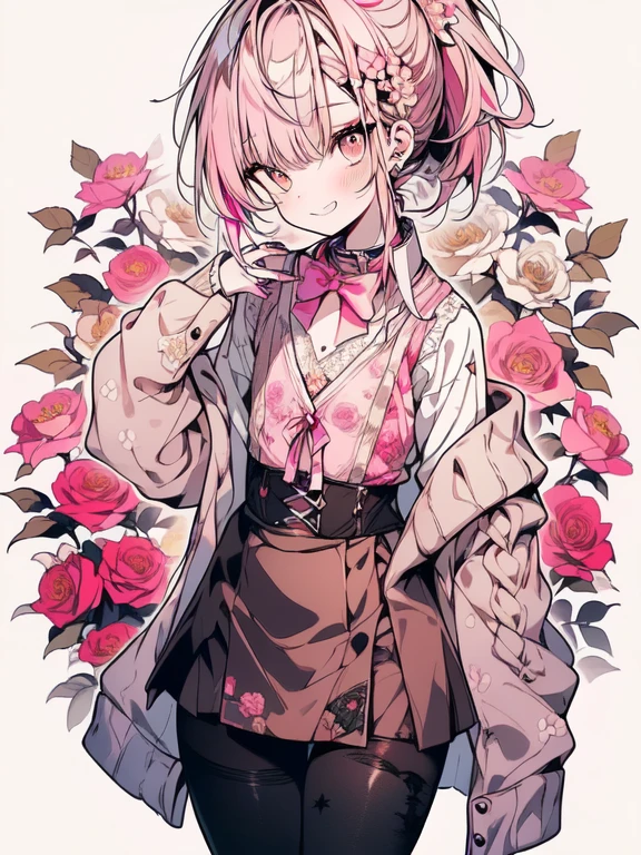 (Masterpiece), (Absurdres), (Best Quality), (Highres), (Perfect Anatomy), (Very Detailliert), (8K), (Strong Outline),
BREAK;
(Niji), (1Boy). (((Gold Eyes:1.3, Big Eyes, Bad Mood))), ((Seductive Smile, Grin:1.1)), (((Pale Pink Hair, Bangs:1.5, Ponytail, High Ponytail:1.3, Long Hair:1.5)), (Hair Pin, Many Hair Pin), ((Makeup, Red Eyeliner)), (Slender Body), (((Flat Chest:1.5))), (((Shirt, White Shirt, Lace Shirt, Lacel:1.5, Sleeves Rolled Up:1.3, Collar, Tie, Brown Bow Tie, Short Tie))), ((Beige Knit Cardigan)), ((Brown Corset Skirt, MiniSkirt)), (((Brown Sheer Pantyhose))), (Thighs:1.1), ((Brown Shoes)), ((Deep Pink Nails)),
BREAK;
Five Fingers, v, Wide Mouth:0.9, (((Solo))), (Cowboy Shot), (Portrait), (Medium Shot), (Chest Close-Up), (Looking at Viewer), Slouched Posture, Head Tilt, Dutch Angle, (White BackGround, Flower BackGround:1.1, Floral Print:1.1, Floral BackGround:1.3),
