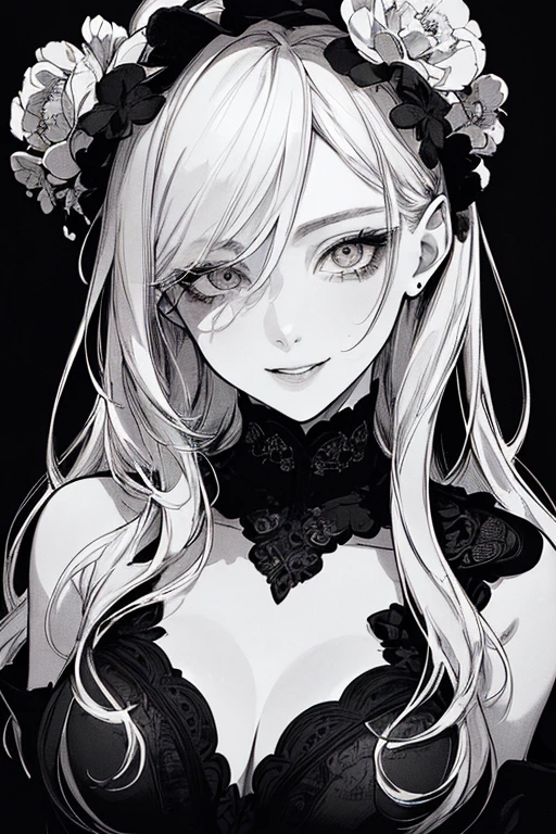 Highest quality, (Background details), High Contrast, Very beautiful woman, Detailed original illustrations、functional、Delicate face、Charm、Villainess、sexy、Real breasts、Crazy Smile, Crazy Eyes, Head close-up, Black background, (Black background: 1.5), Beautiful line art、Monochrome