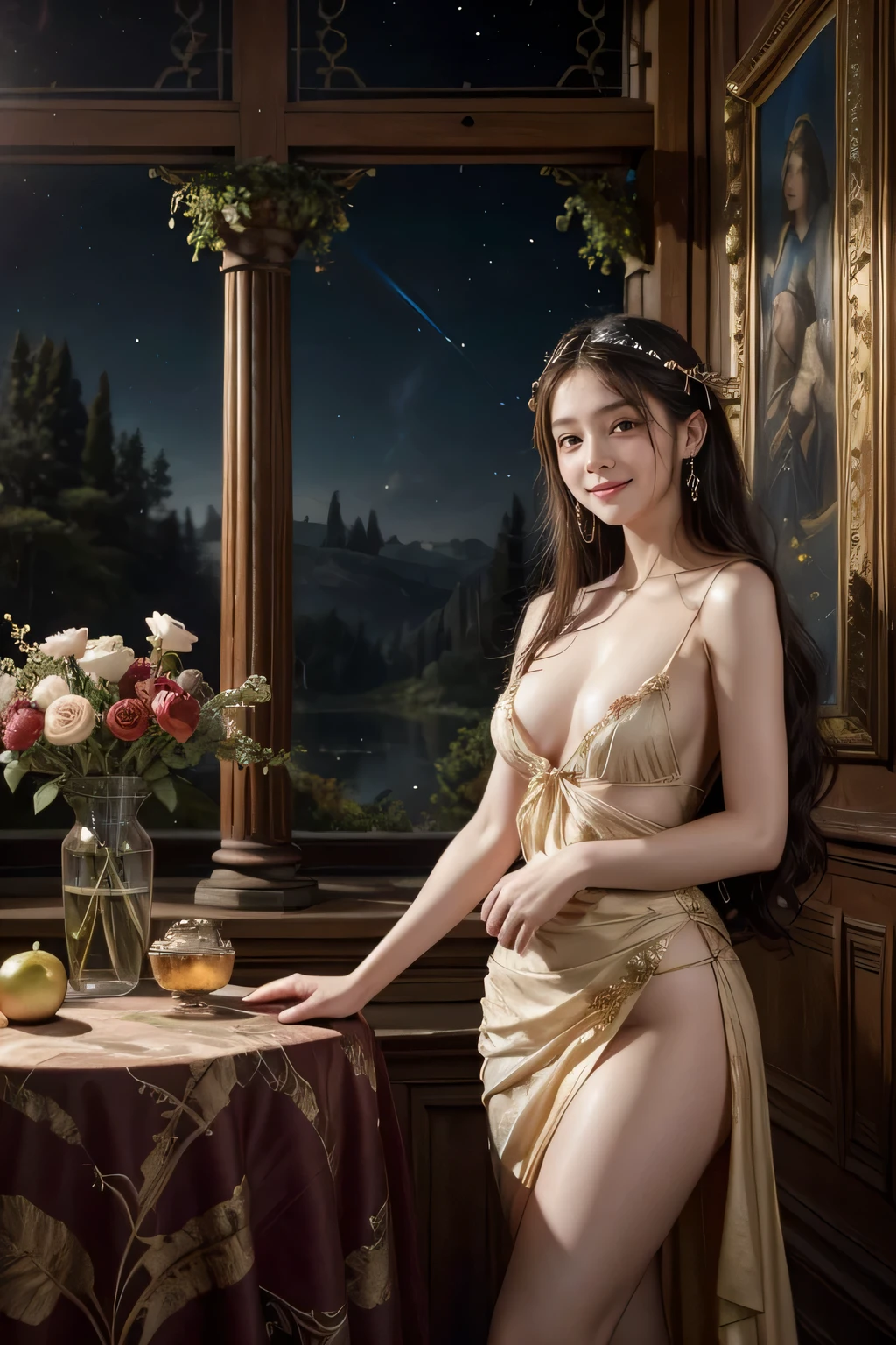 Giorgione painting style,Arguments of two female Philosophe,math、astronomical machine、astronaut、roses in vase、fruits、Cute trinkets、smile、ancient greek costume、Background is a forest lake at night 、Clothes that stretch your shoulders、A big smile、beautiful bare skin、A detailed representation of the seducing woman throughout her body.sexy,erotic smile