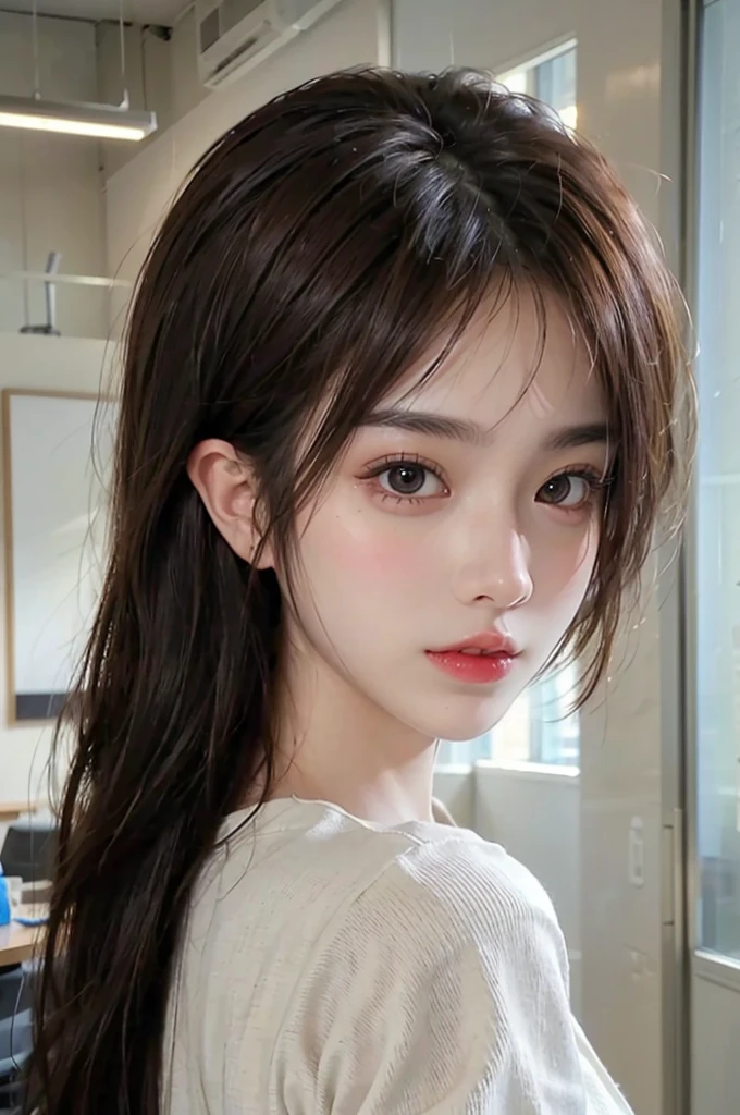 ((top quality, 8K, masterpiece: 1.3)), 1 woman, Cyberpunk Japanese Adult Female, Naomi Sasaki, office attire, employee, detailed eyes, Detailed nose, Detailed lips, brown hair, upper body, ass pov