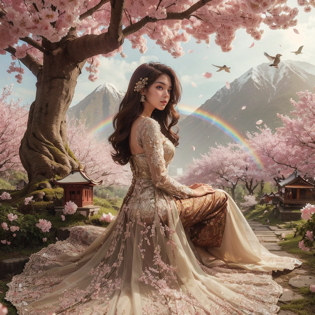 full body photography. from side view and from above angle. a 20 yo. Indonesian women. Brown hair with voluminous layers. little chubby. Wearing a kebaya with open shoulders in cream color. Brown elaborate sheath. woman sitting with her back to the cherry tree. surrounded by falling cherry blossoms. mountain. rainbow. bird in the sky.