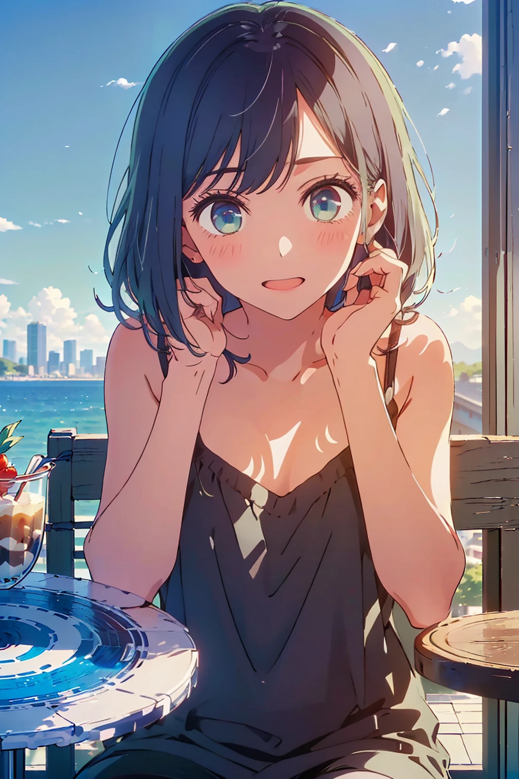 (Highest quality:1.4、masterpiece:1.4、Super detailed:1.4、Ultra-high resolution:1.4、8K:1.4)、F cup bust、Big Breasts、Slim body、((((1 person、Surprised expression、sit、Chair、In the background are the urban buildings of Tokyo、looking at the camera、Outdoor café terrace、coastal、juice、Shooting up close、table、Very cute face))))、(Pose with hands tucked behind ears:1.4、Cheek resting on hand:1.4）、((nude、very beautiful areola、camisole、Seamless outerwear))、Very blue sky、A completely cloudless sky、Big eyes、(((Shallow depth of field)))
