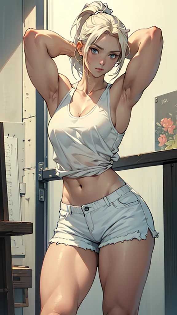 hand drawn art, Conceptual Art, Detailed sketch, Sketches, Manga art style, A young woman with French features, White tank top, White shorts, Long, thick, dark golden hair styled in a ponytail, blue eyes, Lean, strong, toned muscles, Standing in a lewd, sensual pose with arms behind her head、Short torso、A triumphant look、(((着古したボロボロのWhite shorts))),、(((White shortsを穴だらけにする))),、See-through、(((White shortsのチャックを開く))),、(((Clear white skin))),、Natural light、Photorealistic perfect body, Perfect body with realistic shadows, Perfect face with realistic shadows、Highest quality、masterpiece、Edgy Lines、Ultra-high resolution、Physical Beauty、Wide Hips、Big Ass、((Thick and strong muscular thighs))、((Stand with your legs spread wide))Realistic and large breasts、(The depth of the written boundary, f/1.2:1.45),Great quality, Beautiful details, Very detailed, Ultra-fine, 16K, Exquisite, Absurd,((masterpiece)),(((Highest quality))),Big Breasts、(((White shortsだけもっとボロボロにする))),、(((White shortsだけボロ布のように破く)))、(((Thin and long arms))),Anatomically correct、、