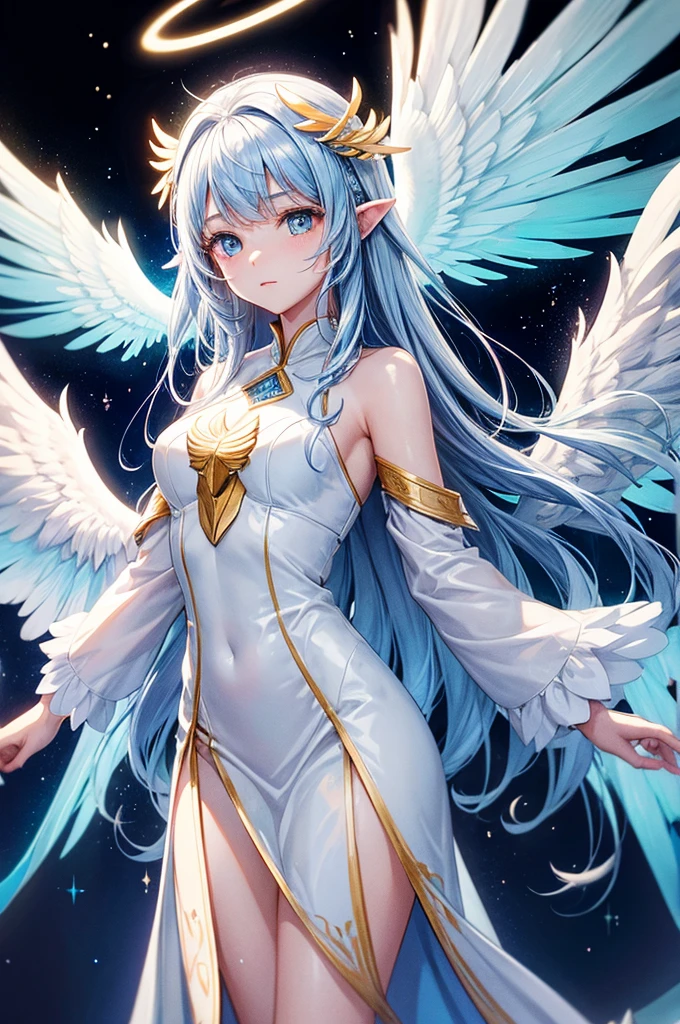 Jessica-Degg, solo, 1girl, angel blue gradient wings, white and gold robes, halo