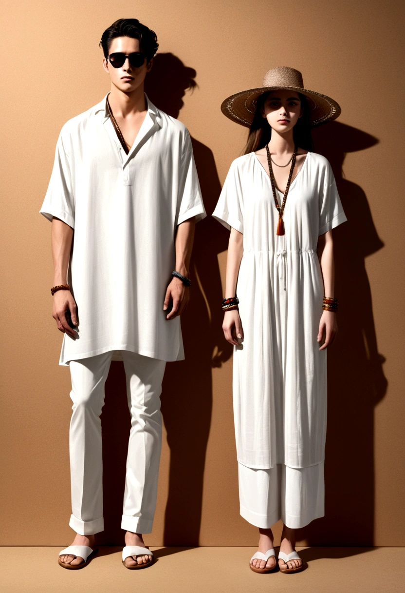 candid a hand drawing fashion sketching of good looking young man and woman, both aged 20 year old, ((showcase fashion in a White cotton-rayon outfits)), inspired by ZARA's resort collection blending local culture and nature in elegant bohemian style. The man wears an oversized short-sleeved bowling white shirt, paired with relaxed-fit white Drape Straight Pants, He completes his look with white leather-strap flip-flops, wooden-framed sunglasses, and a woven bracelet. The woman complements him in (a white a white rayon Drawstring-detail dress), Her ensemble includes with wooden accessorizes with a wide-brimmed straw hat, beaded-strap sandals and necklace. Captured in a ((full-body pose)), , ((paper material background)), realistic charcoal lines, imperfect drawing, charcoal crumbs, charcoal lines, imperfection, fading sketch, sQueratogray Sketch (eddiemauro-mix)