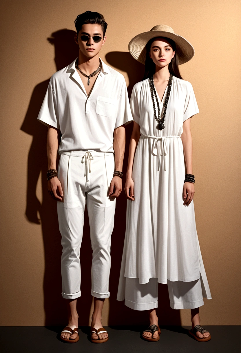 candid a hand drawing fashion sketching of good looking young man and woman, both aged 20 year old, ((showcase fashion in a White cotton-rayon outfits)), inspired by ZARA's resort collection blending local culture and nature in elegant bohemian style. The man wears an oversized short-sleeved bowling white shirt, paired with relaxed-fit white Drape Straight Pants, He completes his look with white leather-strap flip-flops, wooden-framed sunglasses, and a woven bracelet. The woman complements him in (a white a white rayon Drawstring-detail dress), Her ensemble includes with wooden accessorizes with a wide-brimmed straw hat, beaded-strap sandals and necklace. Captured in a ((full-body pose)), , ((paper material background)), realistic charcoal lines, imperfect drawing, charcoal crumbs, charcoal lines, imperfection, fading sketch, sQueratogray Sketch (eddiemauro-mix)