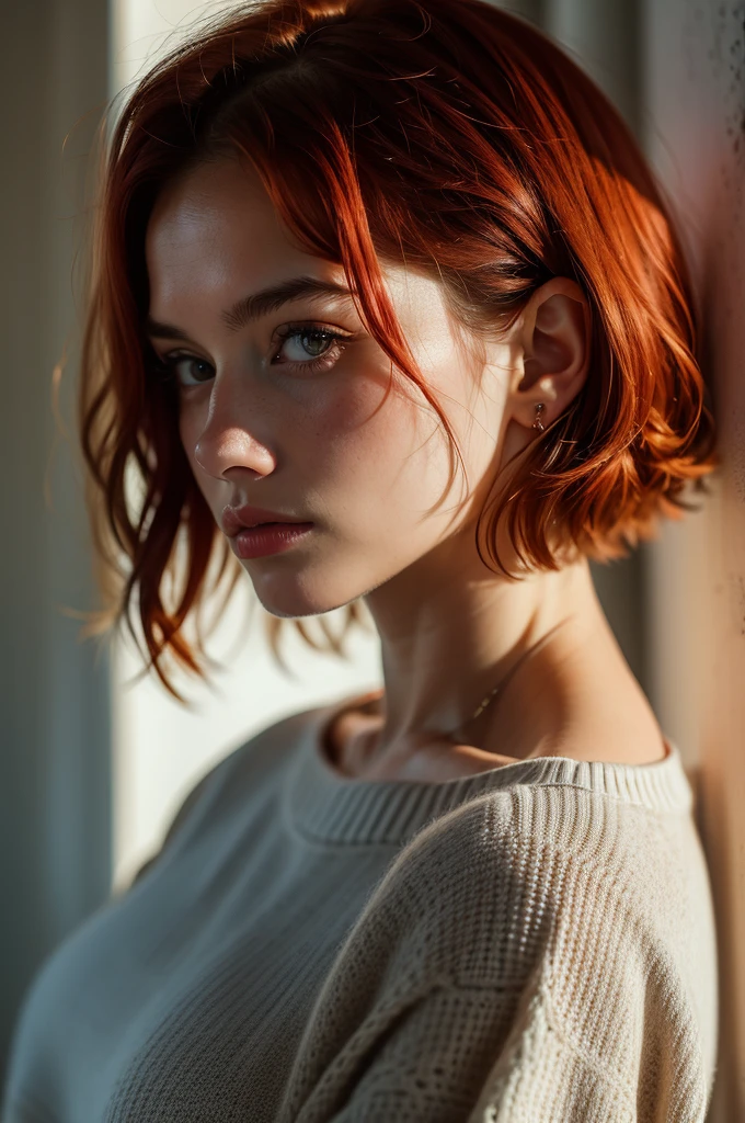 Instagram Photos, French woman, 21 years old, square hair cut,Redhead, Close-up portrait, sweater, Neckline, pale, Sharp Shadow
