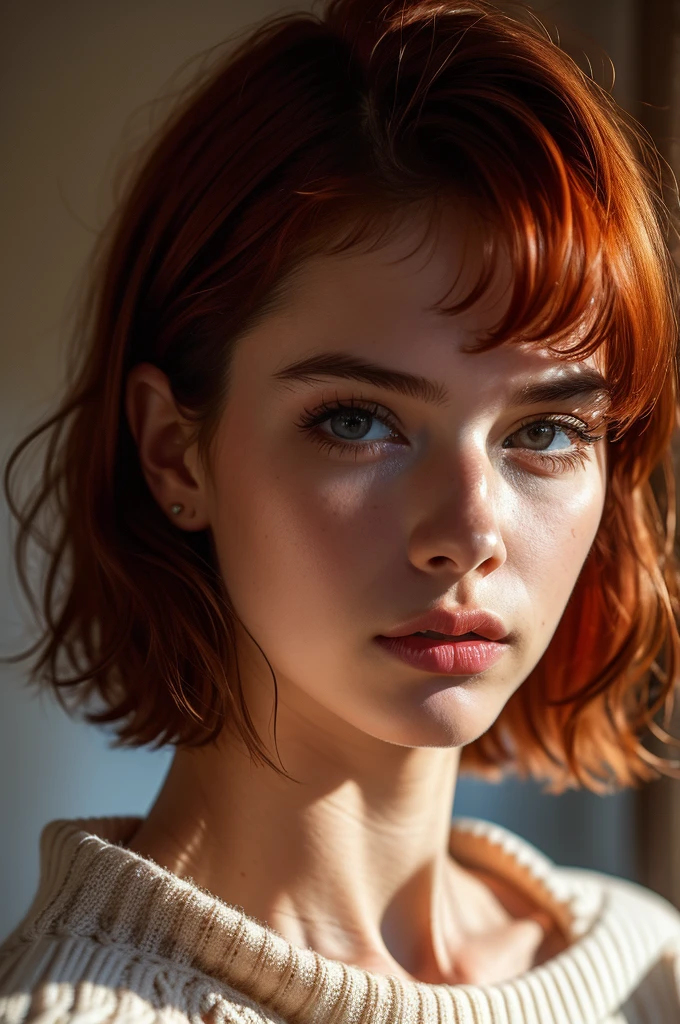 Instagram Photos, French woman, 21 years old, square hair cut,Redhead, Close-up portrait, sweater, Neckline, pale, Sharp Shadow