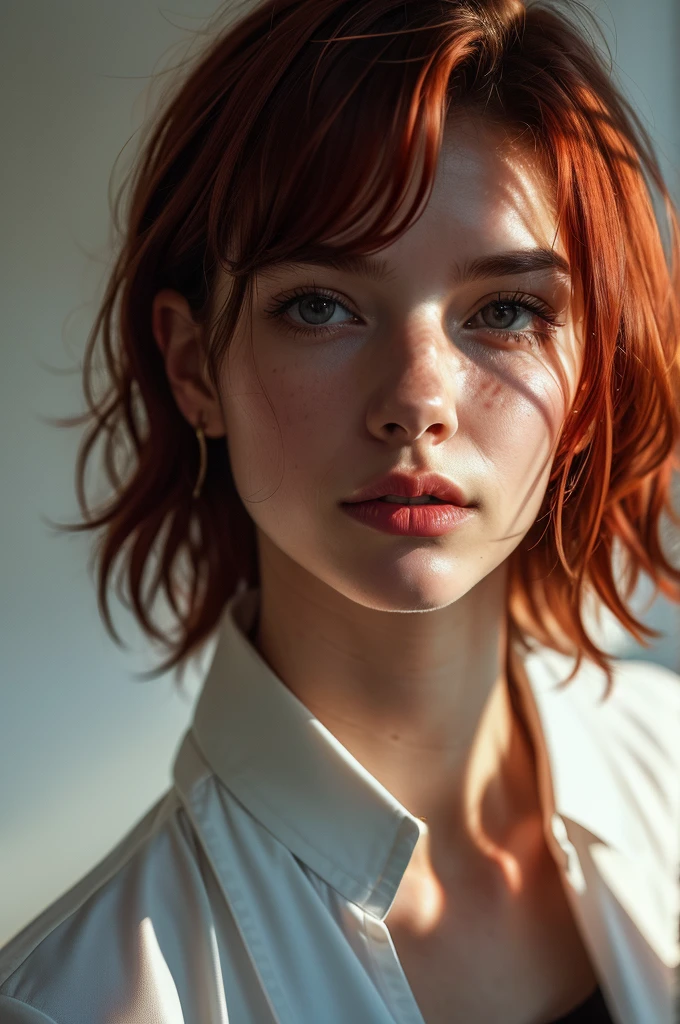 Instagram Photos, French woman, 21 years old, square hair cut,Redhead, Close-up portrait, Jacket,shirt, Neckline, pale, Sharp Shadow