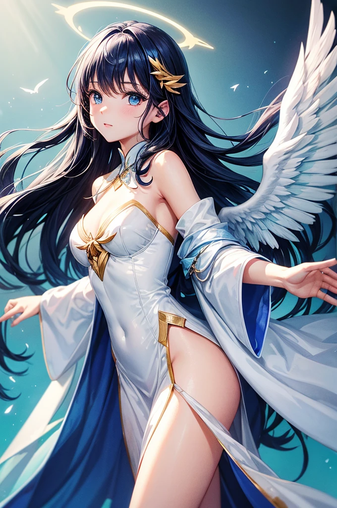 Jessica-Degg, solo, 1girl, angel blue gradient wings, white and gold robes, halo