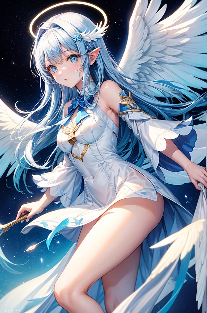 Jessica-Degg, solo, 1girl, angel blue gradient wings, white and gold robes, halo