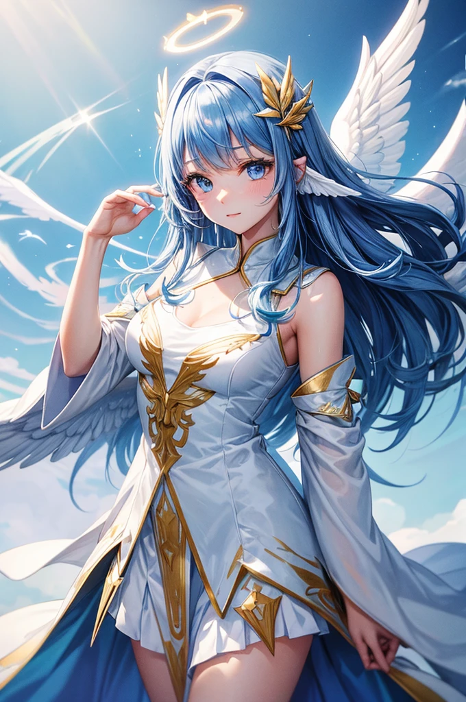 Jessica-Degg, solo, 1girl, angel blue gradient wings, white and gold robes, halo