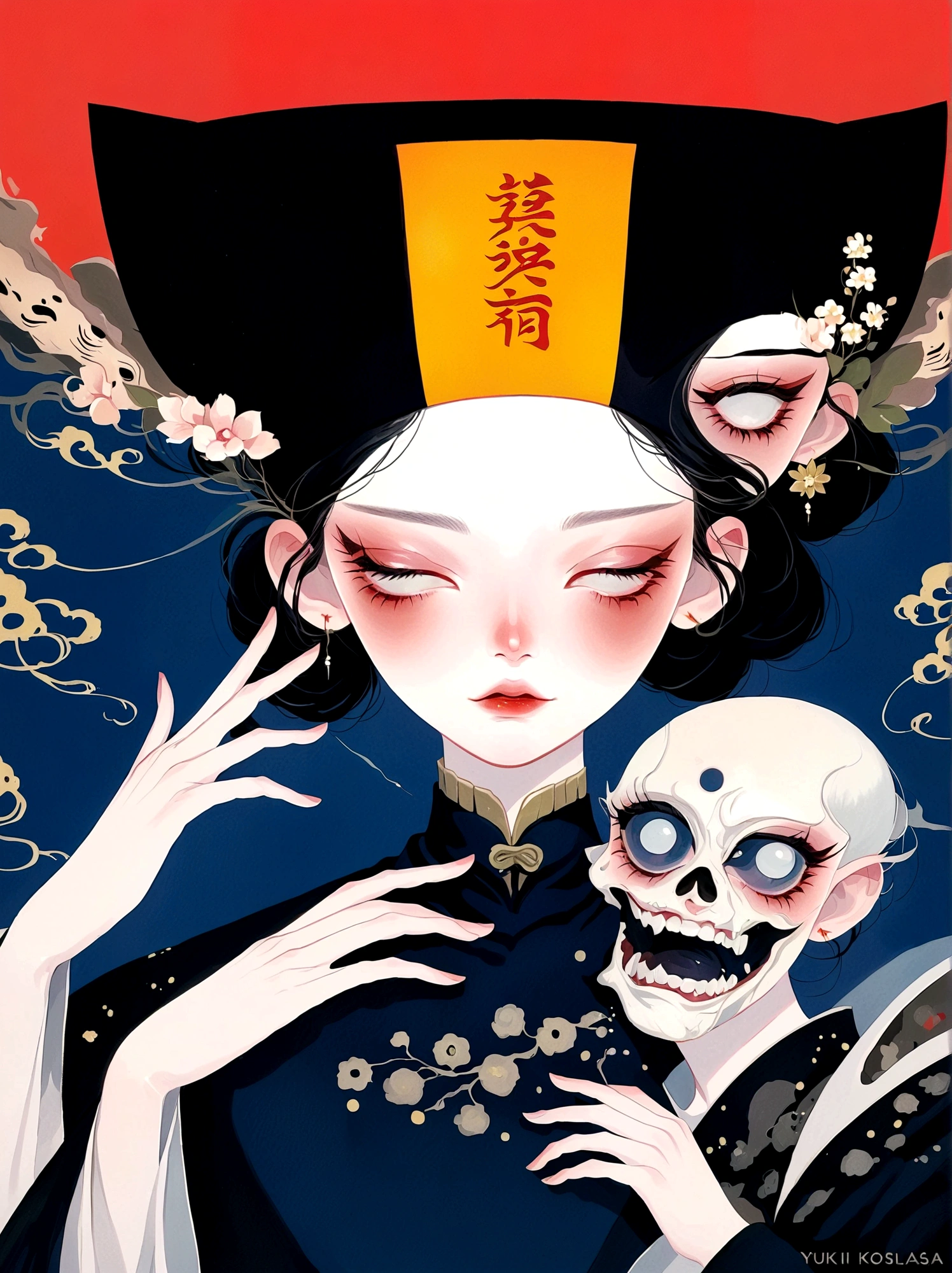 Qing Dynasty Zombies，The hat has runes on it，，Japanese horror style Japanese pop surrealism, author：Yukika Kosaka, Nguyen Gia and Joao Nguyen, 
