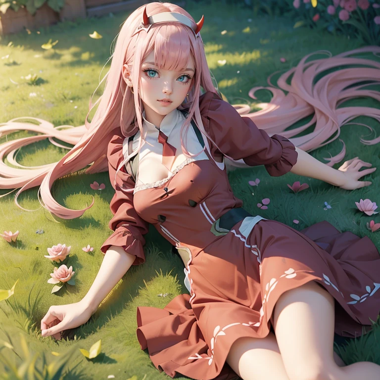 Zero Two, long hair, pink hair, two red horns, long flowing hair, floating hair, ornament hair, garden scenery, perfectly body, perfectly hands, dark pink roses, maid, maid style, maid headdress, maid apron, white apron, on garden, laying down on the grass, a lake with carpas on background, petals in the air, firefly in the air, seat on the grass, centered girl, maid dress, red skirt, skirt whit layers, red shirt, more details on her clothes, dress with transparency, golden details, laying down on the grass, night, smiling, ((4k, masterpiece, top-quality)),8k, best quality, high resolution, UHD, (illustration:0.8), super cute girl, delicate and beautiful face, 1girl, solo, mature girl, super cute hairstyle, (beautiful detailed eyes:1.6), extremely detailed face, perfect lighting, extremely detailed CG, (perfect hands, perfect anatomy), Best quality, cleavage, small skirt, full Body, two arms, two legs, two hands, five fingers