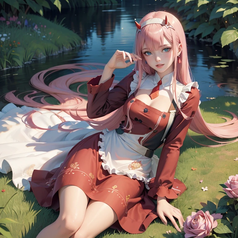 Zero Two, long hair, pink hair, two red horns, long flowing hair, floating hair, ornament hair, garden scenery, perfectly body, perfectly hands, dark pink roses, maid, maid style, maid headdress, maid apron, white apron, on garden, laying down on the grass, a lake with carpas on background, petals in the air, firefly in the air, seat on the grass, centered girl, maid dress, red skirt, skirt whit layers, red shirt, more details on her clothes, dress with transparency, golden details, laying down on the grass, night, smiling, ((4k, masterpiece, top-quality)),8k, best quality, high resolution, UHD, (illustration:0.8), super cute girl, delicate and beautiful face, 1girl, solo, mature girl, super cute hairstyle, (beautiful detailed eyes:1.6), extremely detailed face, perfect lighting, extremely detailed CG, (perfect hands, perfect anatomy), Best quality, cleavage, small skirt, full Body, two arms, two legs, two hands, five fingers