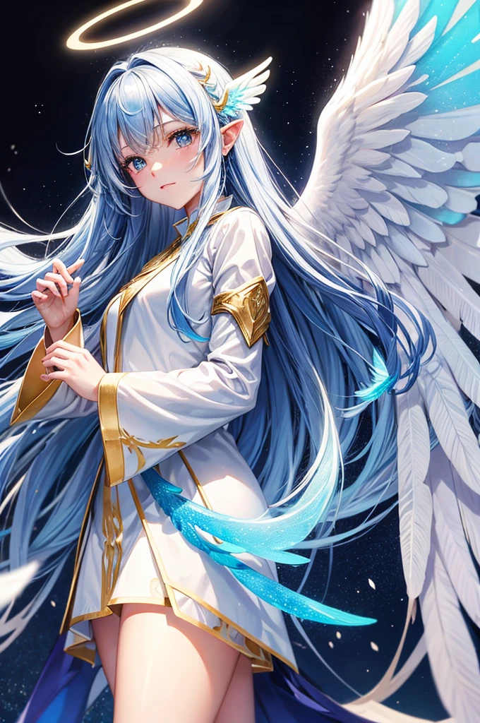 Jessica-Degg, solo, 1girl, angel blue gradient wings, white and gold robes, halo