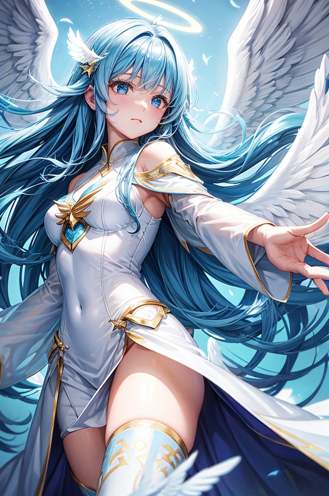 Jessica-Degg, solo, 1girl, angel blue gradient wings, white and gold robes, halo
