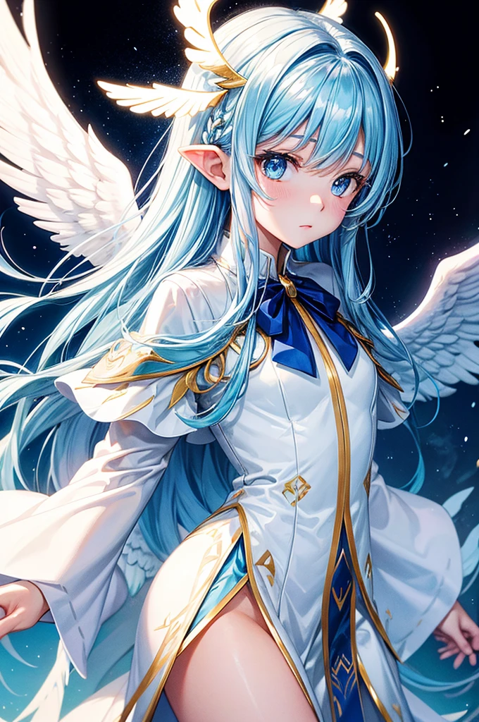 Jessica-Degg, solo, 1girl, angel blue gradient wings, white and gold robes, halo