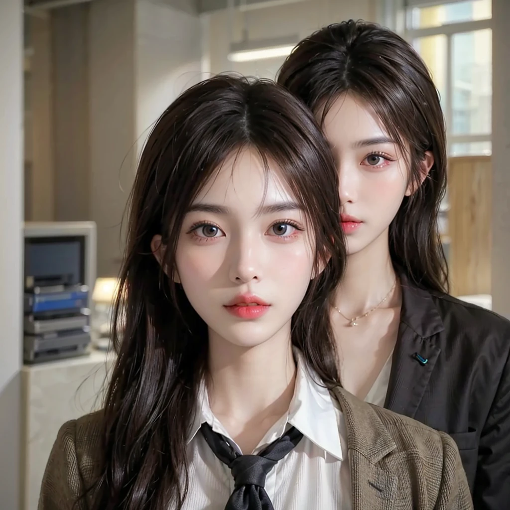 ((top quality, 8K, masterpiece: 1.3)), 1 woman, Cyberpunk Japanese Adult Female, Naomi Sasaki, office attire, employee, detailed eyes, Detailed nose, Detailed lips, brown hair, upper body, ass pov